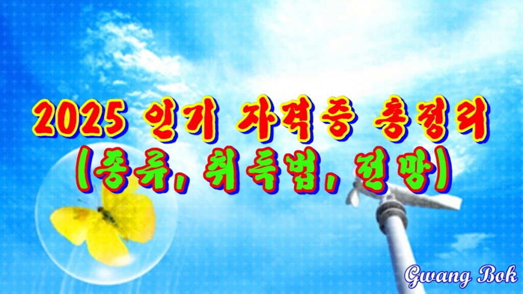 2025 인기 자격증 총정리 이미지, 종류·취득법·전망 소개 문구와 바람개비 일러스트