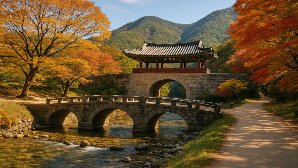 가을 단풍으로 물든 경북 문경새재 도립공원의 돌다리와 전통 누각 풍경