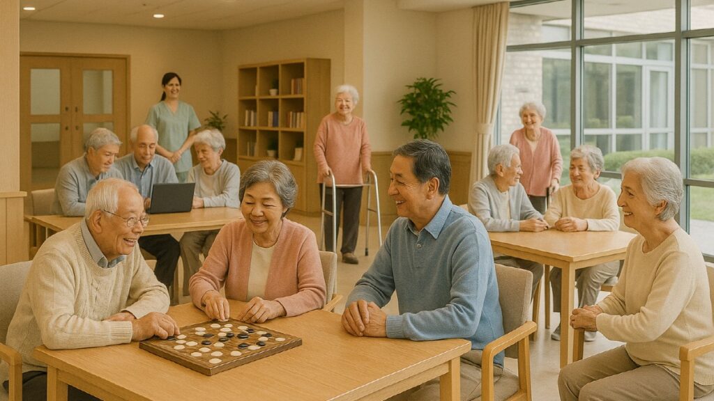 실버타운에서 다양한 활동을 즐기며 여유롭게 생활하는 노년층 입주자들