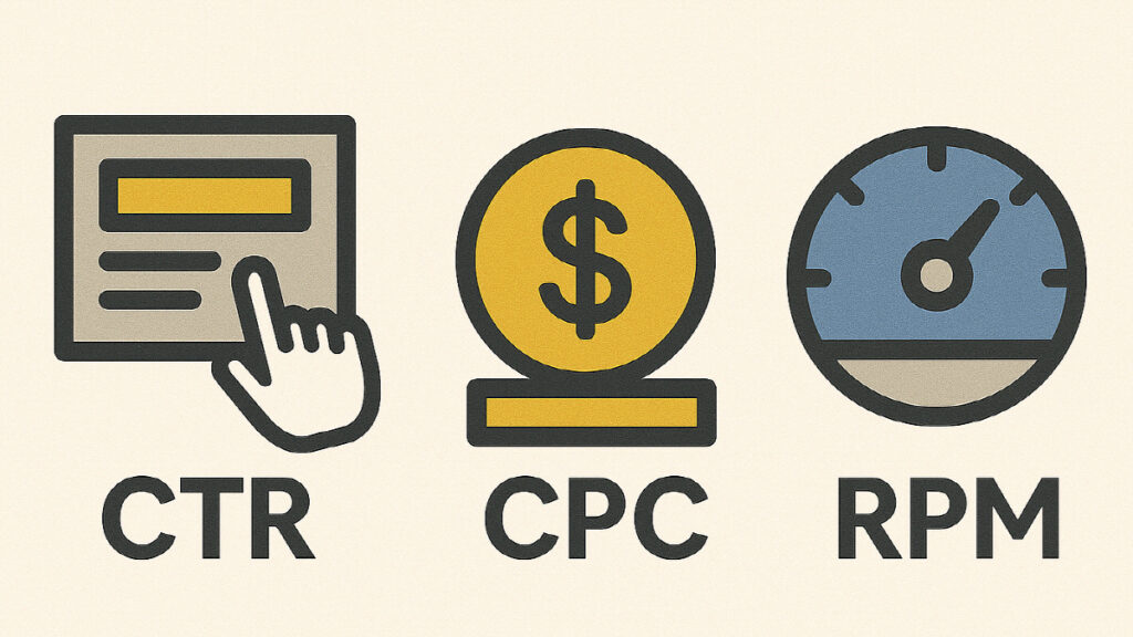 광고 성과 지표 CTR, CPC, RPM을 설명하는 아이콘 이미지