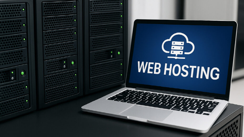 웹호스팅 서버와 노트북 화면에 표시된 WEB HOSTING 로고 이미지