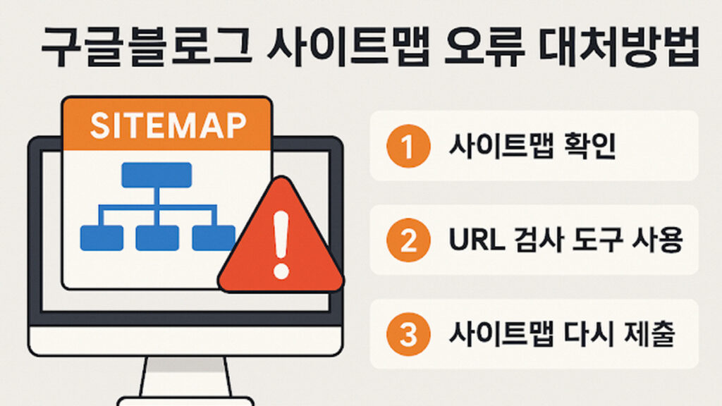 구글 블로그 사이트맵 오류 발생 시 사이트맵 확인, URL 검사 도구 사용, 사이트맵 다시 제출 방법 안내 이미지