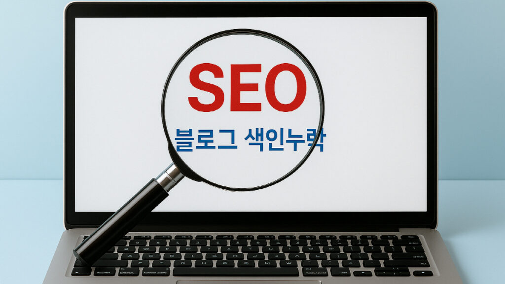 노트북 화면에 ‘SEO’와 ‘블로그 색인 누락’ 문구가 확대된 상태로 보이는 이미지