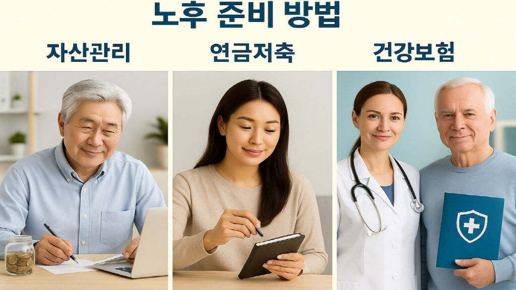 노후 준비 방법을 나타내는 자산관리, 건강상담, 연금 안내 시각 자료