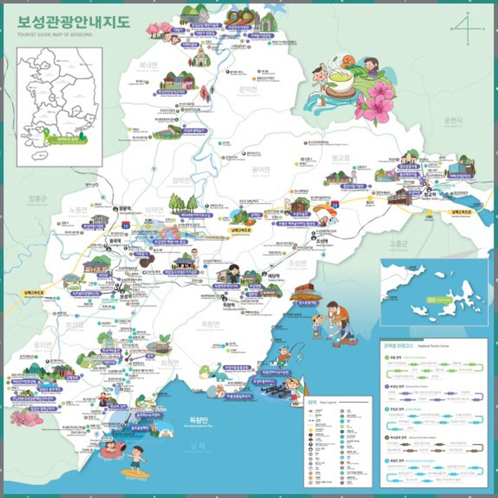 힐링 여행 명소 보성의 관광지를 상세하게 나타낸 일러스트형 관광 안내 지도