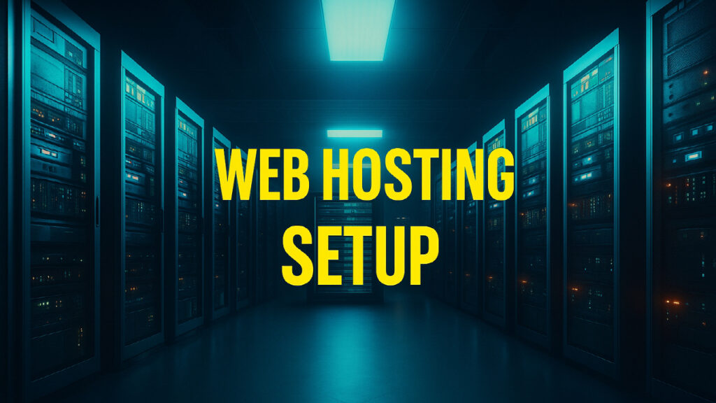서버룸 내부와 'WEB HOSTING SETUP' 텍스트가 강조된 웹호스팅 설정 관련 이미지