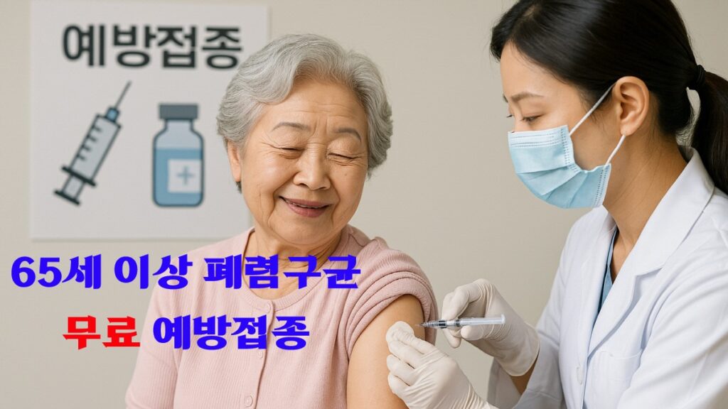 65세 이상 여성 어르신이 병원에서 폐렴구균 예방접종을 받는 장면 – 무료 접종 안내 문구 포함