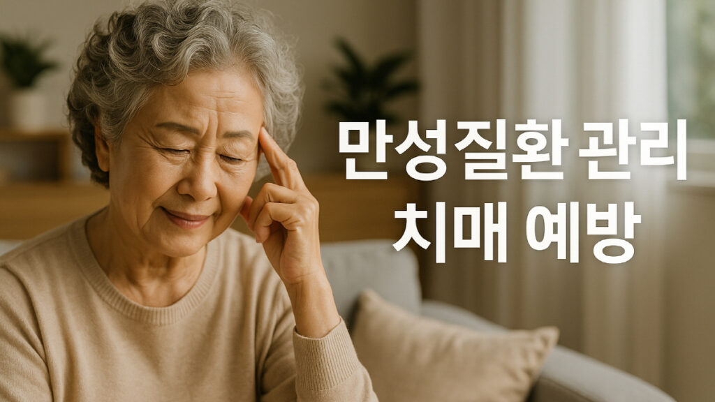 눈을 감고 이마를 짚으며 생각하는 중년 여성 – 만성질환 관리와 치매 예방을 상징하는 이미지