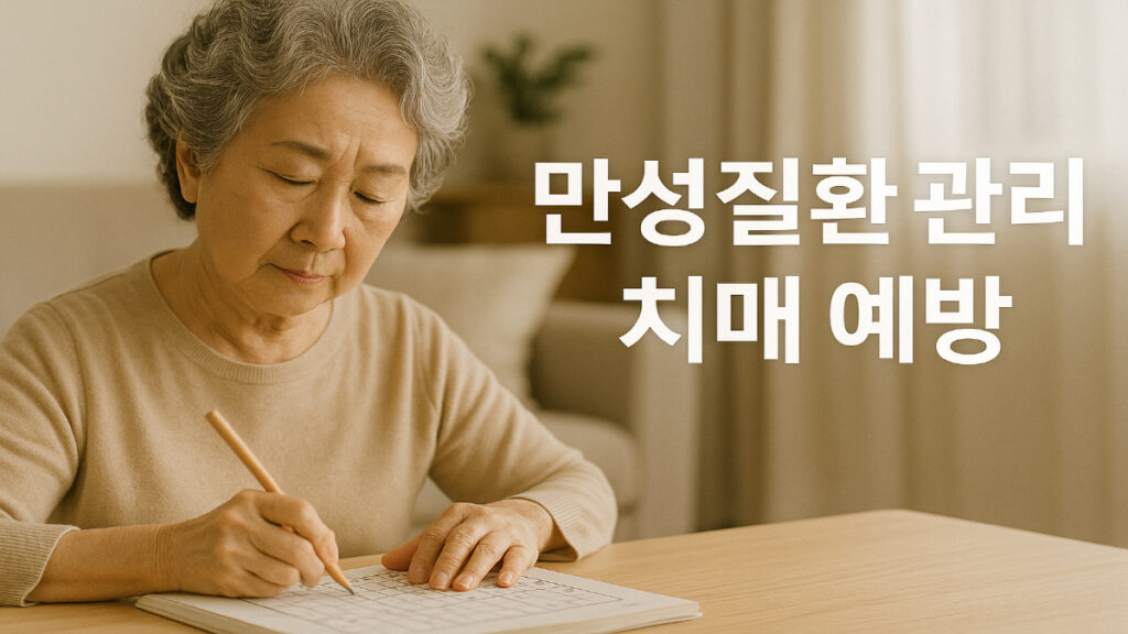 퍼즐 문제를 풀며 인지 활동을 하는 중년 여성 – 치매 예방과 뇌 건강 향상을 상징하는 이미지