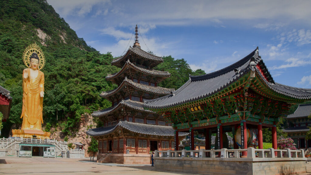속리산 자락에 위치한 보은 법주사 대웅보전과 금동미륵대불 전경
