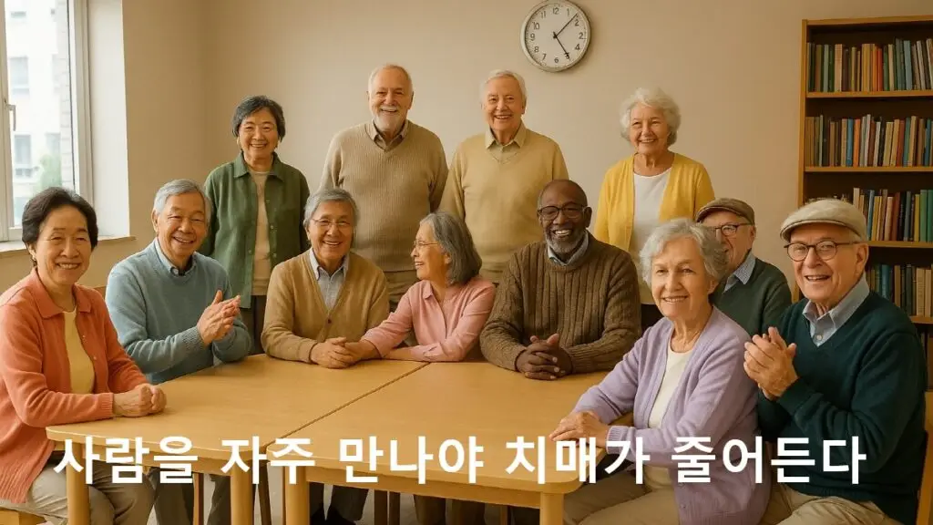 여러 명의 노년층 남녀가 테이블 주위에 모여 웃으며 대화를 나누는 장면. 사회적 교류의 중요성을 보여주는 이미지