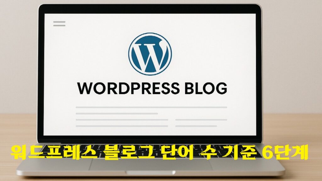워드프레스 블로그 글쓰기 화면을 배경으로 '단어 수 기준 6단계'가 강조된 노트북 이미지.