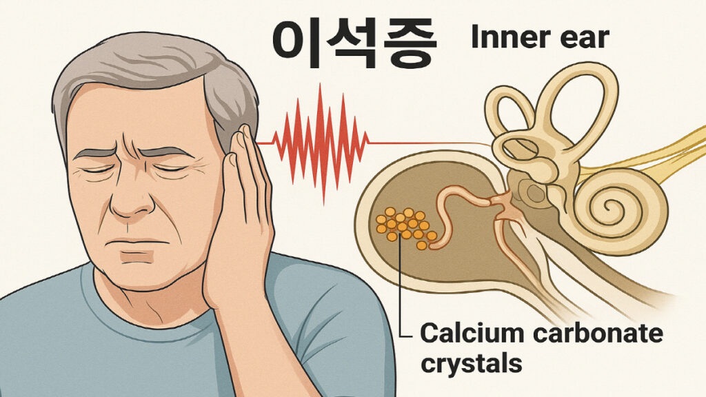 이석증으로 귀 통증을 호소하는 남성과 내이 구조 일러스트