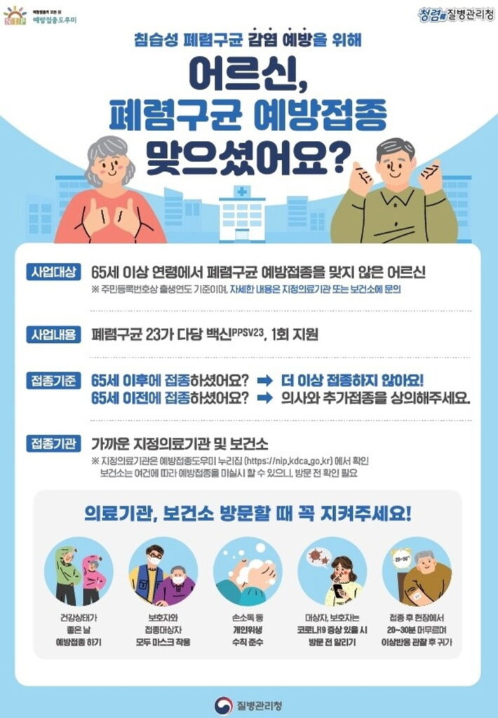 질병관리청 폐렴구균 예방접종 안내 포스터 – 65세 이상 어르신 대상 접종 대상, 기준, 방법 설명