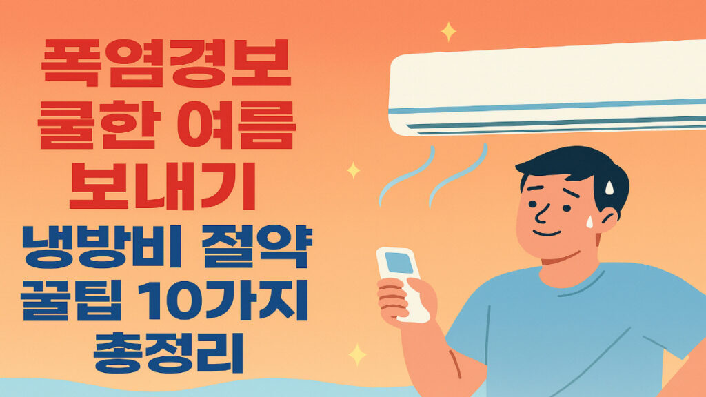 에어컨 앞에서 리모컨을 들고 있는 남성과 함께 냉방비 절약 꿀팁을 소개하는 일러스트 – 폭염경보 쿨한 여름 보내기